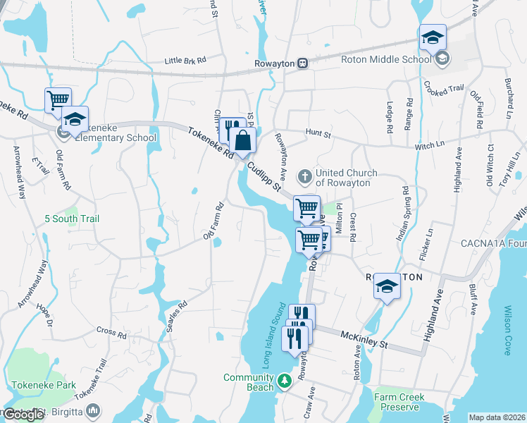 map of restaurants, bars, coffee shops, grocery stores, and more near 69 5 Mile River Road in Darien