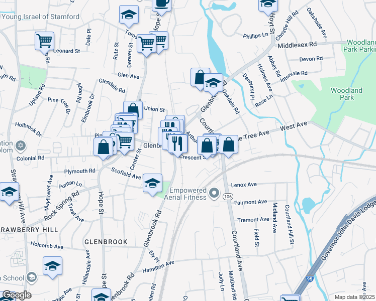 map of restaurants, bars, coffee shops, grocery stores, and more near 17 Crescent Street in Stamford