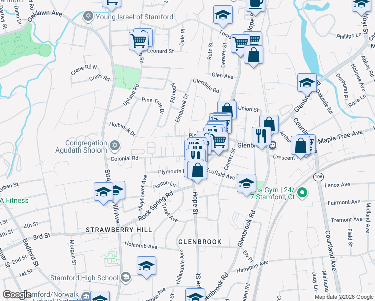 map of restaurants, bars, coffee shops, grocery stores, and more near 44 Colonial Road in Stamford