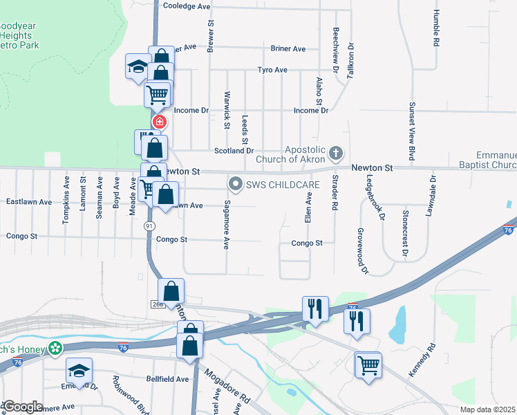 map of restaurants, bars, coffee shops, grocery stores, and more near 2454 Eastlawn Avenue in Akron