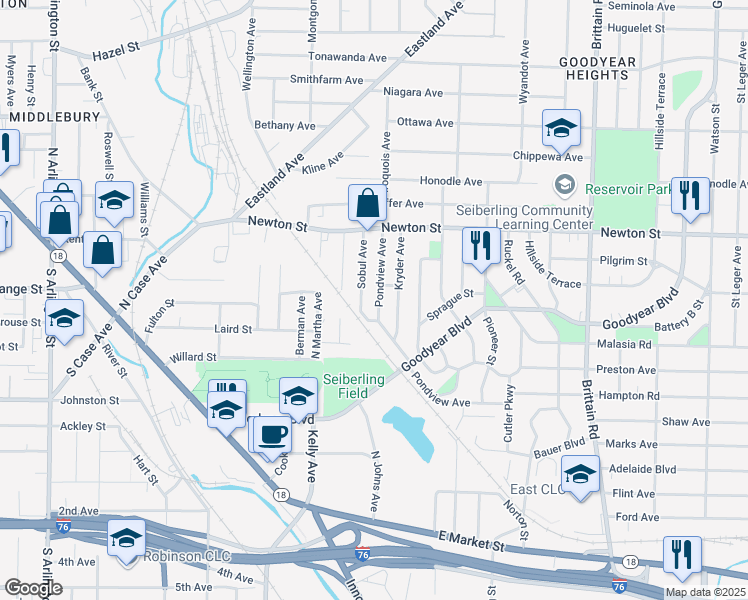 map of restaurants, bars, coffee shops, grocery stores, and more near 1256 Pondview Avenue in Akron