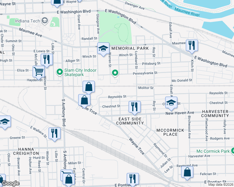 map of restaurants, bars, coffee shops, grocery stores, and more near 2320 Reynolds Street in Fort Wayne