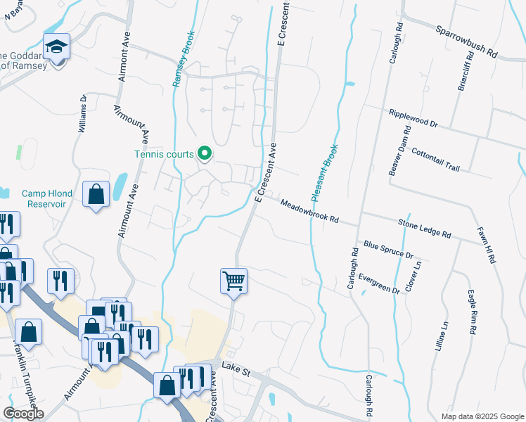 map of restaurants, bars, coffee shops, grocery stores, and more near 14 Brookfield Lane in Ramsey