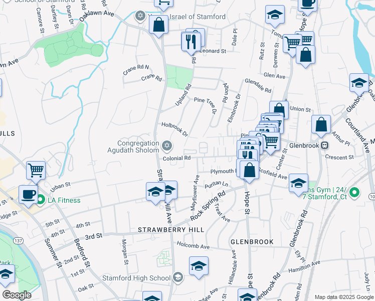 map of restaurants, bars, coffee shops, grocery stores, and more near 144 Colonial Road in Stamford