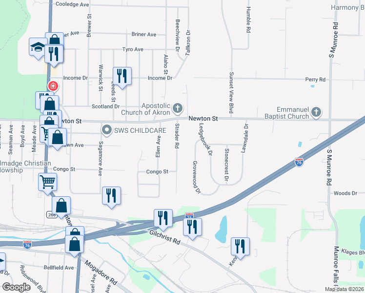 map of restaurants, bars, coffee shops, grocery stores, and more near 413 Strader Road in Akron
