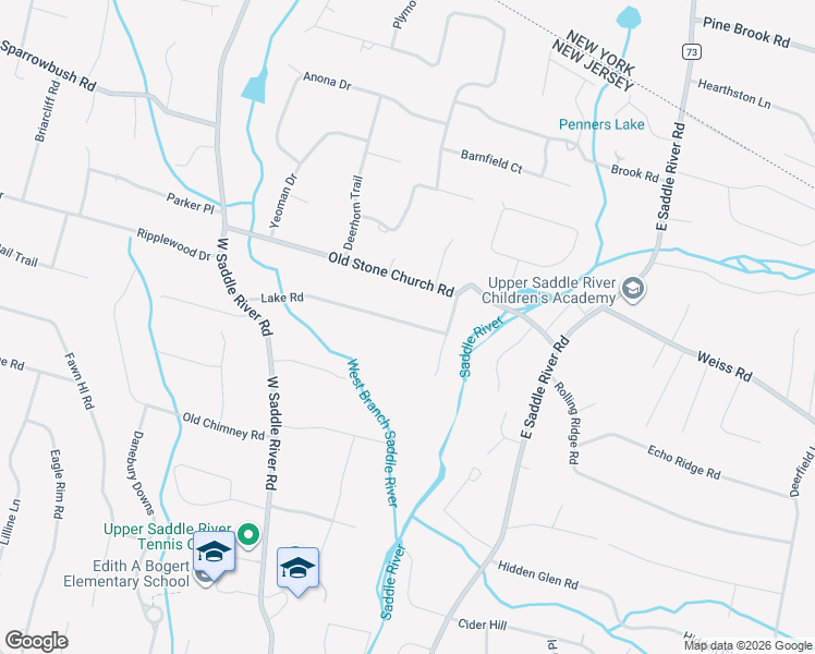 map of restaurants, bars, coffee shops, grocery stores, and more near 40 Lake Road in Upper Saddle River