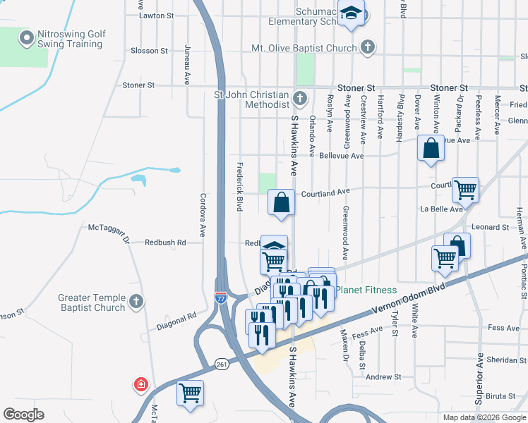 map of restaurants, bars, coffee shops, grocery stores, and more near 1411 Seward Avenue in Akron