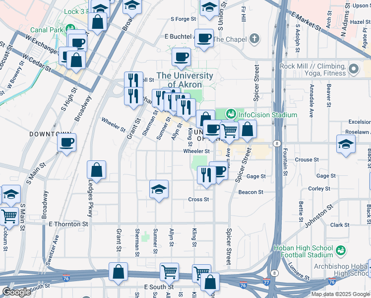map of restaurants, bars, coffee shops, grocery stores, and more near 308 Torrey Street in Akron