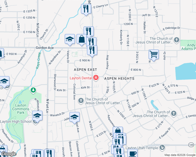 map of restaurants, bars, coffee shops, grocery stores, and more near 751 Aspen Way in Layton