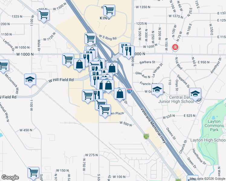map of restaurants, bars, coffee shops, grocery stores, and more near 680 North Main Street in Layton