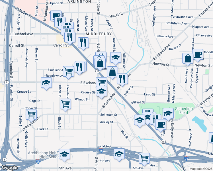 map of restaurants, bars, coffee shops, grocery stores, and more near 952 East Exchange Street in Akron