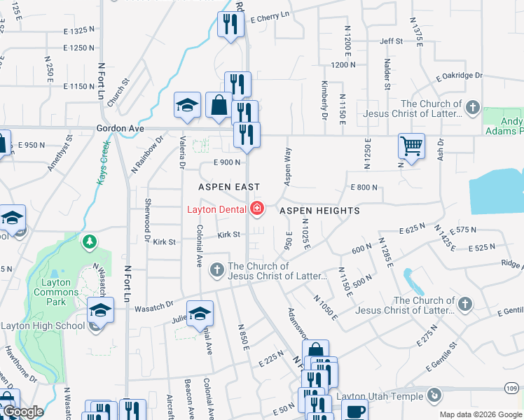 map of restaurants, bars, coffee shops, grocery stores, and more near 751 Aspen Way in Layton