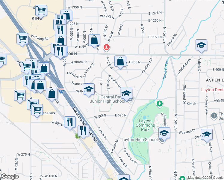 map of restaurants, bars, coffee shops, grocery stores, and more near 779 North 25 East in Layton