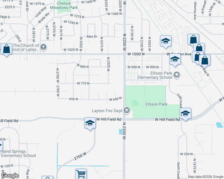 map of restaurants, bars, coffee shops, grocery stores, and more near 2338 775 North in Layton