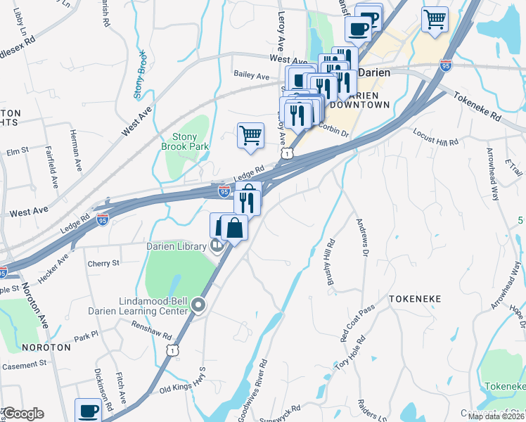 map of restaurants, bars, coffee shops, grocery stores, and more near 1292 Boston Post Road in Darien