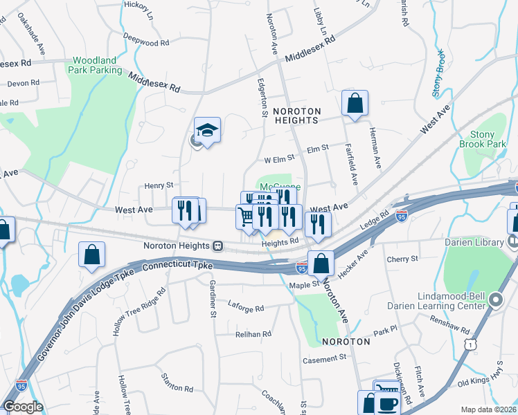 map of restaurants, bars, coffee shops, grocery stores, and more near 63 Edgerton Street in Darien