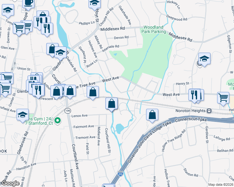 map of restaurants, bars, coffee shops, grocery stores, and more near 89 Holmes Avenue in Darien