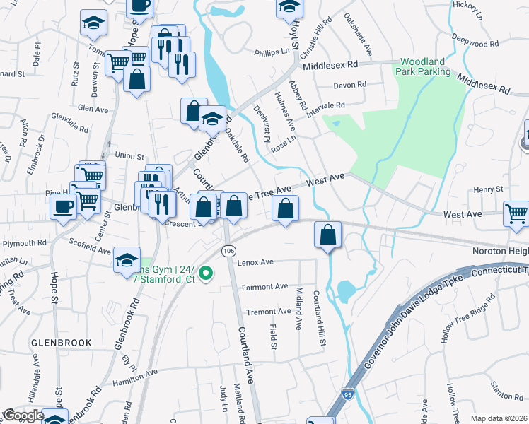 map of restaurants, bars, coffee shops, grocery stores, and more near 63 Maple Tree Avenue in Stamford