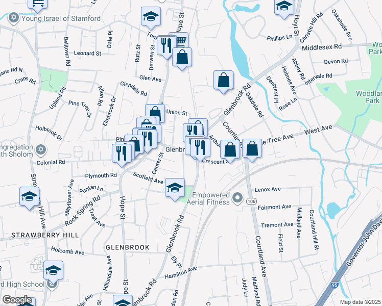 map of restaurants, bars, coffee shops, grocery stores, and more near 58 Church Street in Stamford