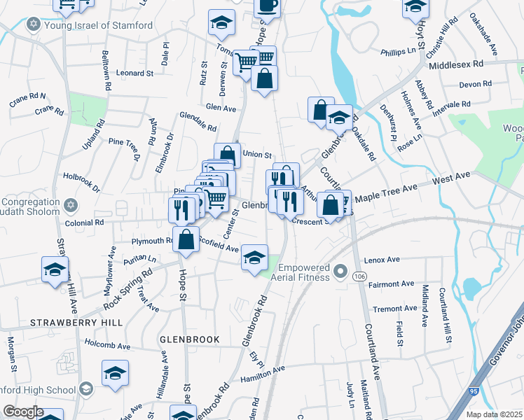 map of restaurants, bars, coffee shops, grocery stores, and more near 6 Elm Tree Place in Stamford