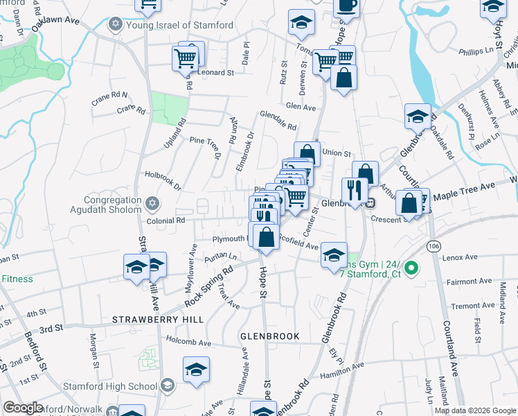 map of restaurants, bars, coffee shops, grocery stores, and more near 70 Pine Hill Avenue in Stamford