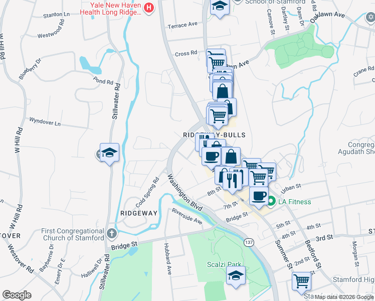 map of restaurants, bars, coffee shops, grocery stores, and more near 8 Hoover Avenue in Stamford
