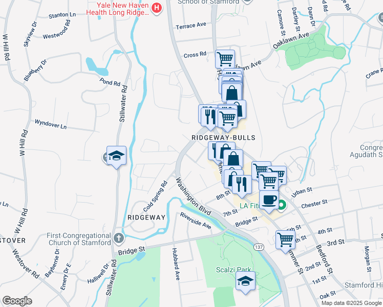 map of restaurants, bars, coffee shops, grocery stores, and more near 51 Cold Spring Road in Stamford