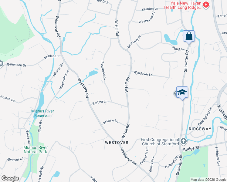 map of restaurants, bars, coffee shops, grocery stores, and more near 188 West Hill Road in Stamford