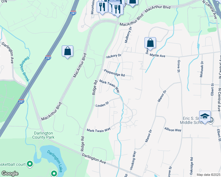 map of restaurants, bars, coffee shops, grocery stores, and more near 608 Lilac Lane in Mahwah