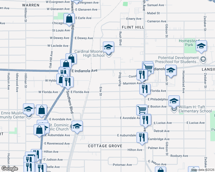map of restaurants, bars, coffee shops, grocery stores, and more near 220 Marmion Avenue in Youngstown