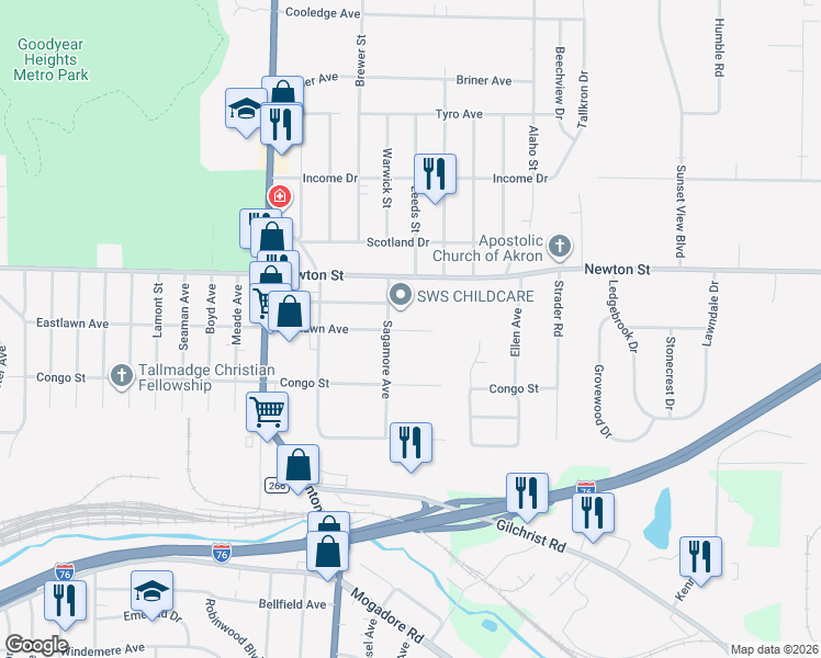 map of restaurants, bars, coffee shops, grocery stores, and more near 2437 Nicholas Avenue in Akron