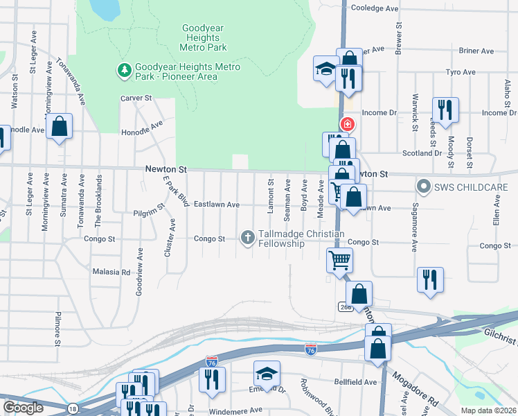map of restaurants, bars, coffee shops, grocery stores, and more near 495 Tompkins Avenue in Akron
