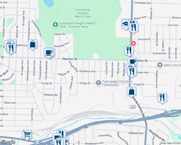 map of restaurants, bars, coffee shops, grocery stores, and more near 476 Newell Avenue in Akron
