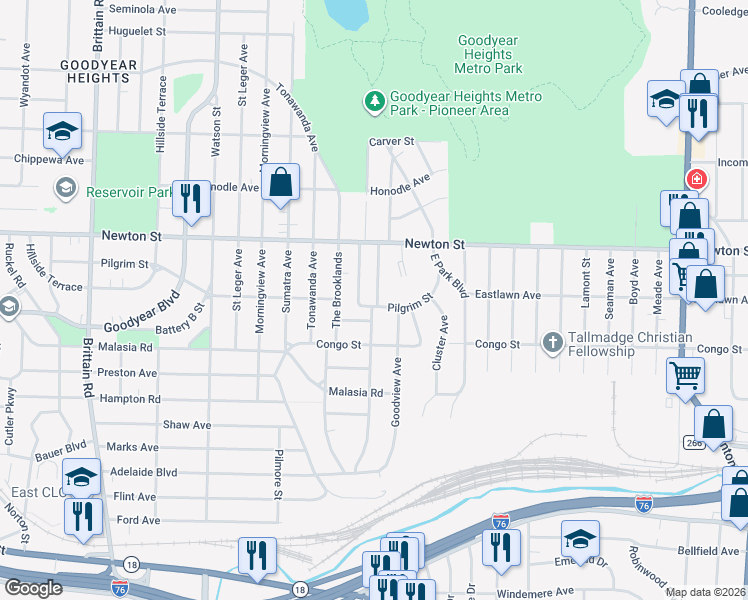 map of restaurants, bars, coffee shops, grocery stores, and more near 349 Malacca Street in Akron