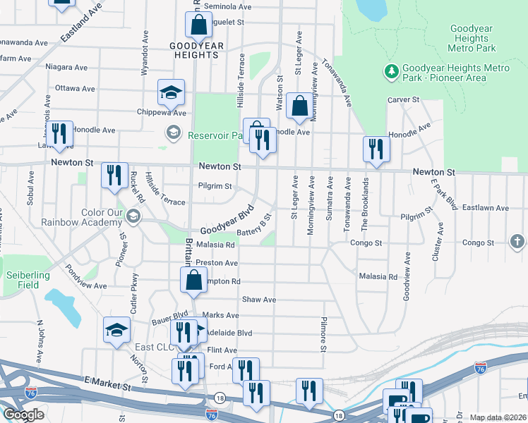 map of restaurants, bars, coffee shops, grocery stores, and more near 1682 Goodyear Boulevard in Akron