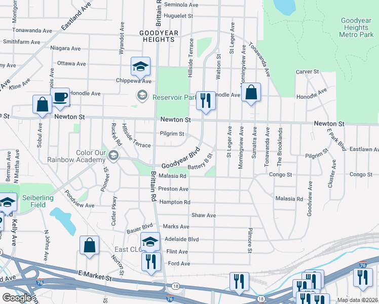 map of restaurants, bars, coffee shops, grocery stores, and more near 1617 Hillside Terrace in Akron