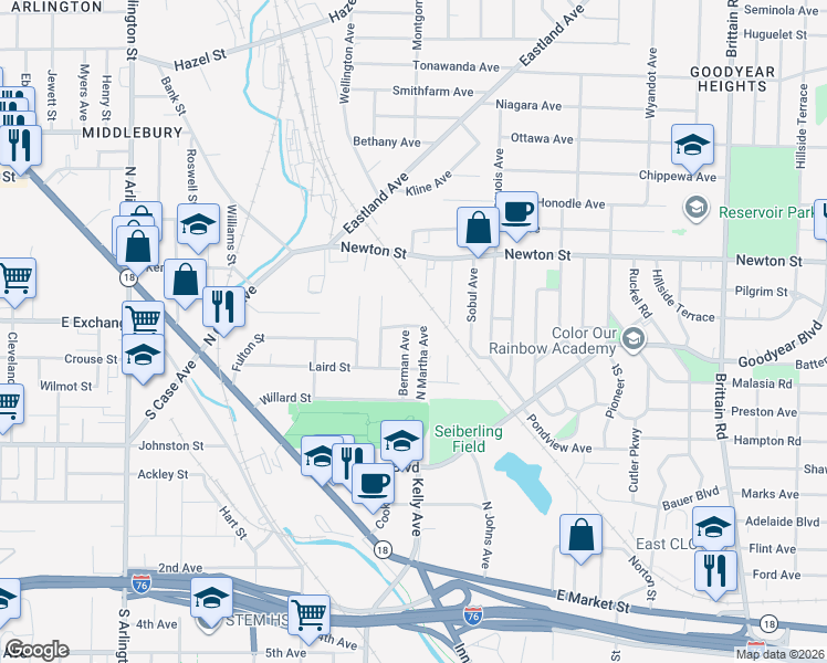 map of restaurants, bars, coffee shops, grocery stores, and more near 1231 Miriam Street in Akron