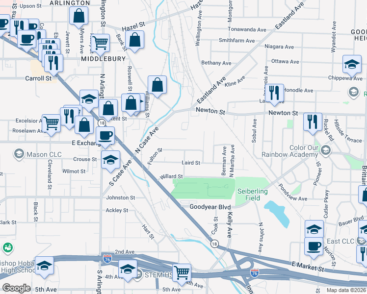 map of restaurants, bars, coffee shops, grocery stores, and more near 1085 Dublin Street in Akron
