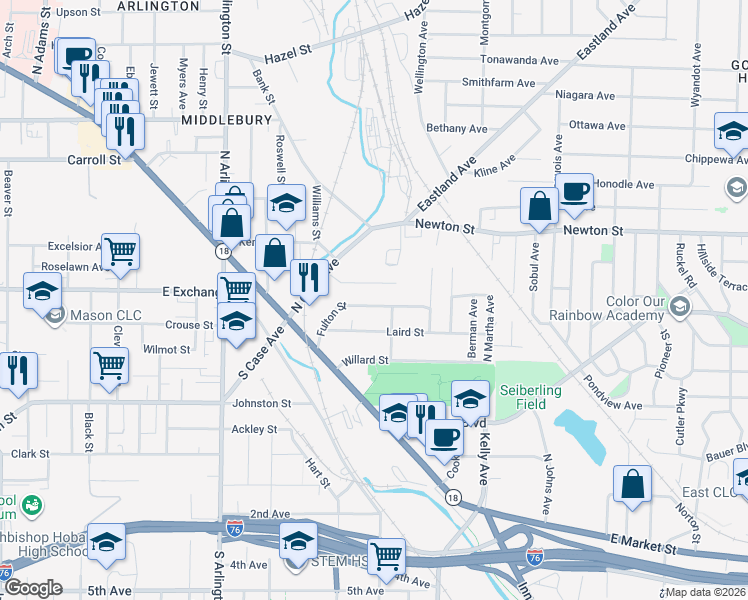 map of restaurants, bars, coffee shops, grocery stores, and more near 1065 Dublin Street in Akron