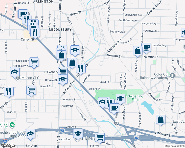 map of restaurants, bars, coffee shops, grocery stores, and more near 1065 Dublin Street in Akron
