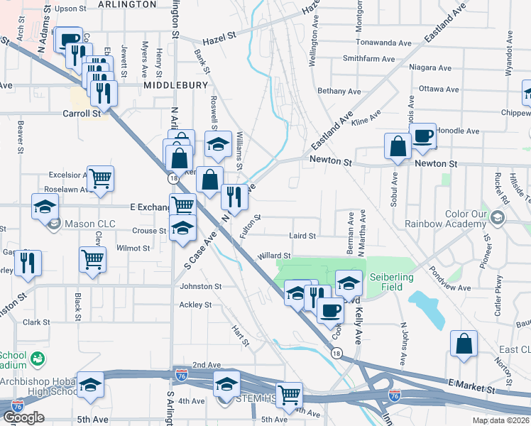 map of restaurants, bars, coffee shops, grocery stores, and more near 1065 Dublin Street in Akron