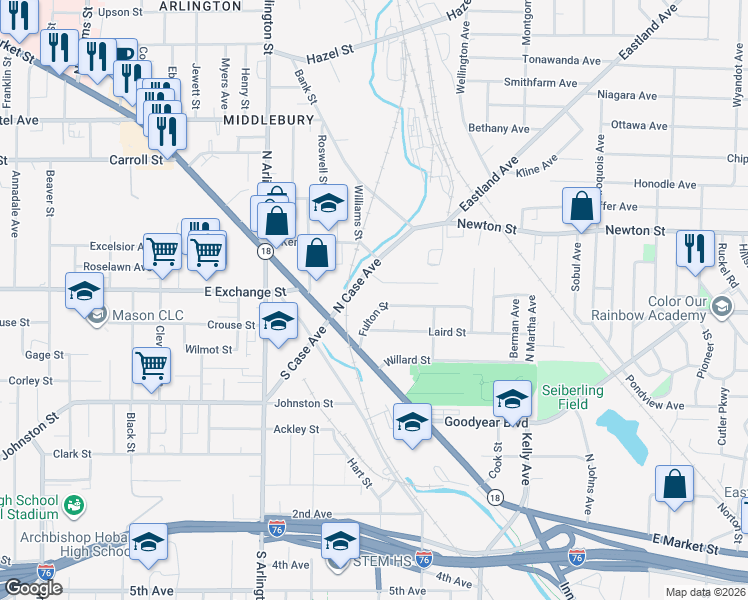 map of restaurants, bars, coffee shops, grocery stores, and more near 75 North Case Avenue in Akron