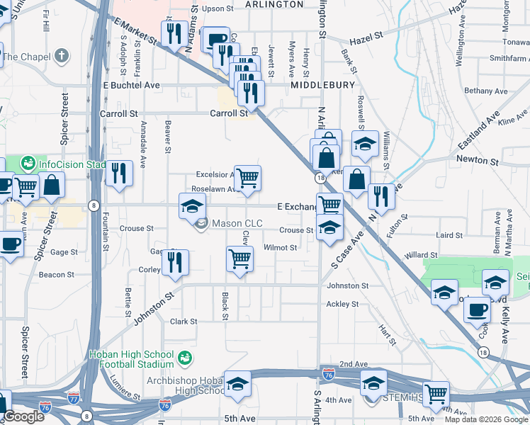 map of restaurants, bars, coffee shops, grocery stores, and more near 871 East Exchange Street in Akron