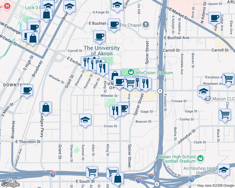 map of restaurants, bars, coffee shops, grocery stores, and more near in Akron
