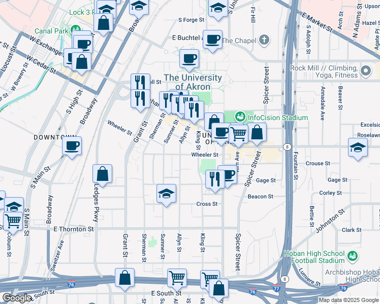 map of restaurants, bars, coffee shops, grocery stores, and more near 300 Torrey Street in Akron
