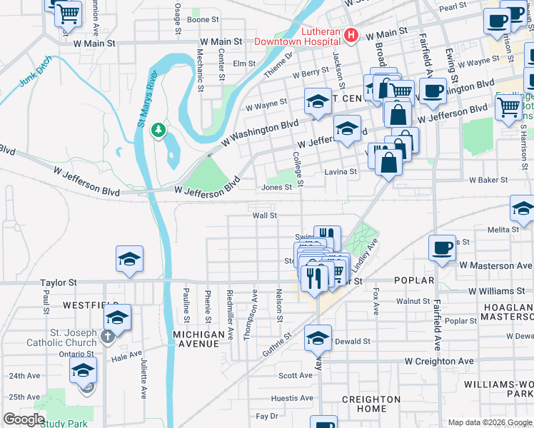 map of restaurants, bars, coffee shops, grocery stores, and more near 1701 College St in Fort Wayne