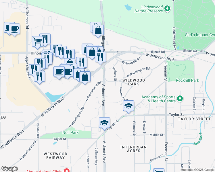 map of restaurants, bars, coffee shops, grocery stores, and more near 3728 North Washington Road in Fort Wayne