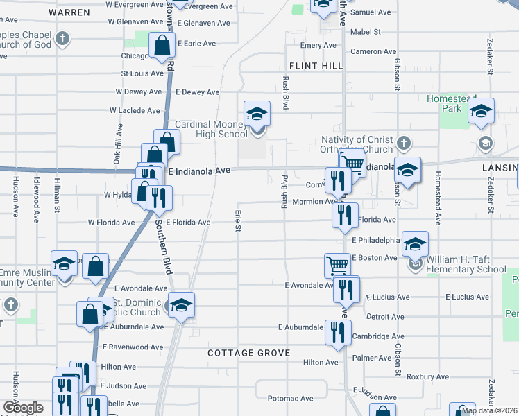 map of restaurants, bars, coffee shops, grocery stores, and more near 220 Marmion Avenue in Youngstown