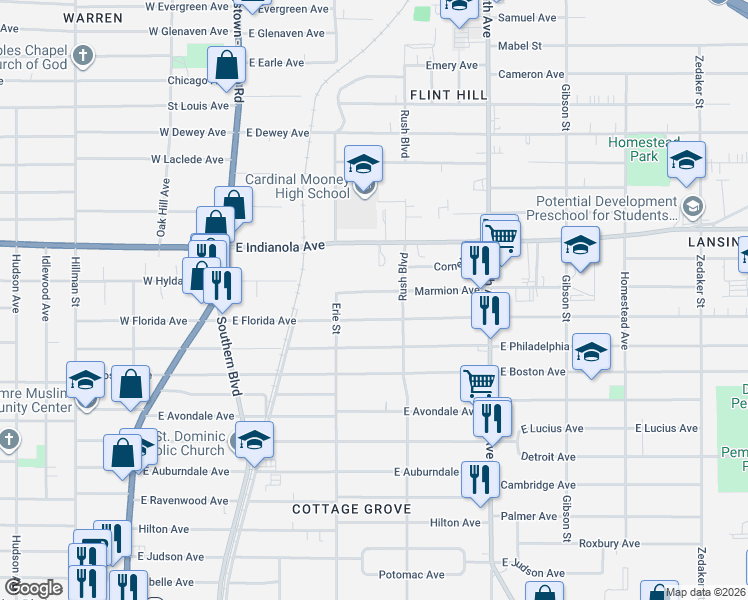 map of restaurants, bars, coffee shops, grocery stores, and more near 260 Marmion Avenue in Youngstown