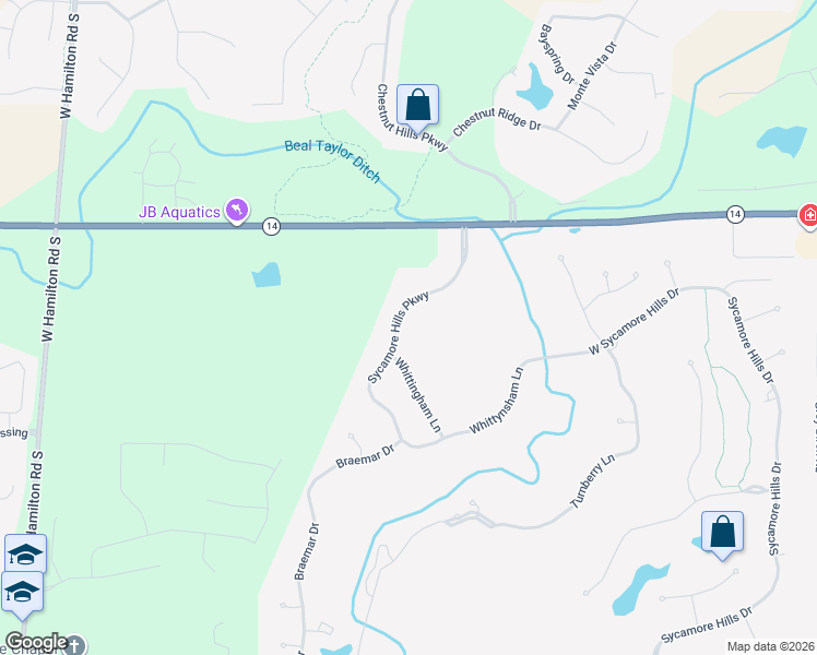map of restaurants, bars, coffee shops, grocery stores, and more near 1409-1425 Sycamore Hills Parkway in Fort Wayne